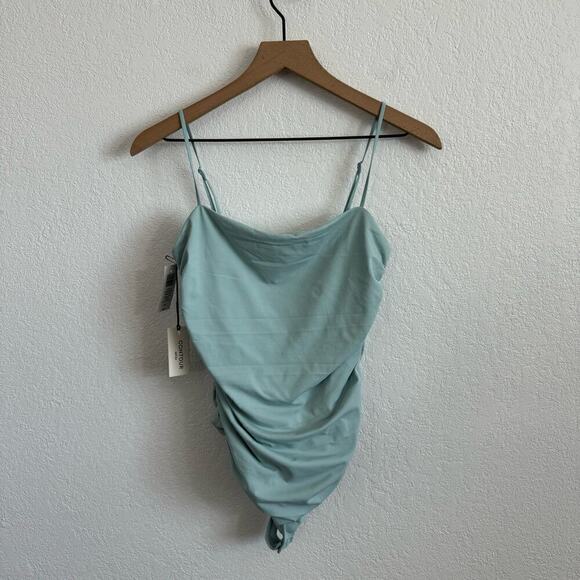 NEW NWT Aritzia Contour Squareneck Ruched Thong Bodysuit Aquamarine Green Large - Picture 7 of 14
